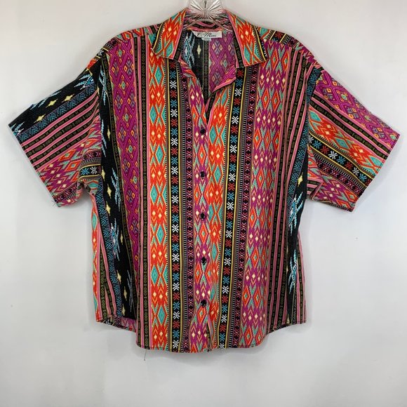 Tops - Vintage Aztec Multicolor Short Sleeve Button Up